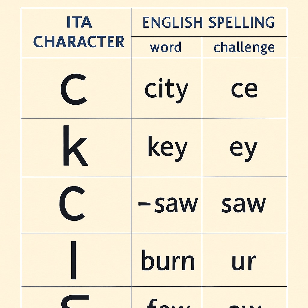 A comparison chart between ITA characters and standard English spelling, illustrating common challenges faced by learners during the transition. Chart showing differences between ITA phonetic characters and standard English orthography.