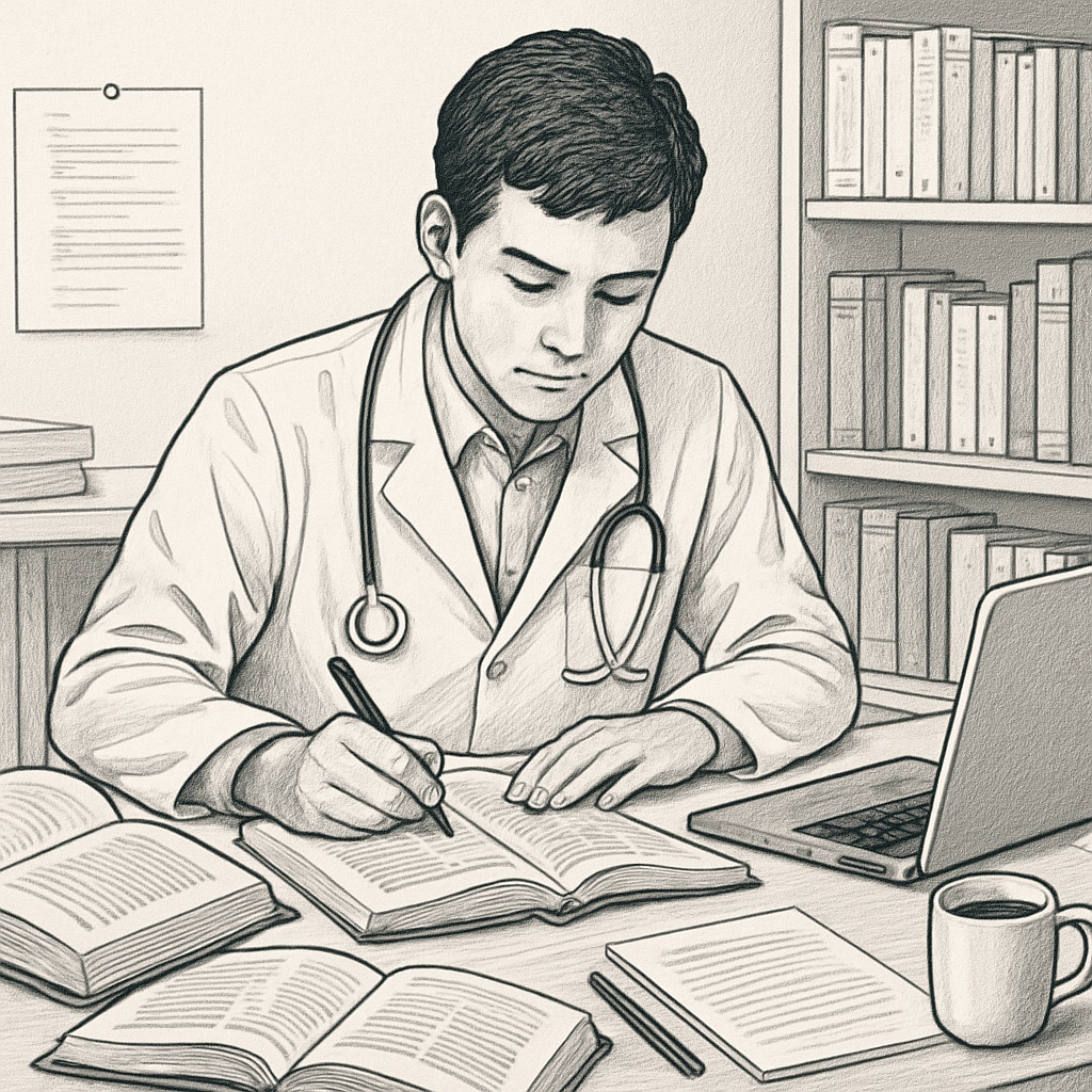 A young medical student studying at a desk with textbooks and a laptop, symbolizing educational aspirations. A medical student navigating tuition challenges and dreaming of medical school.