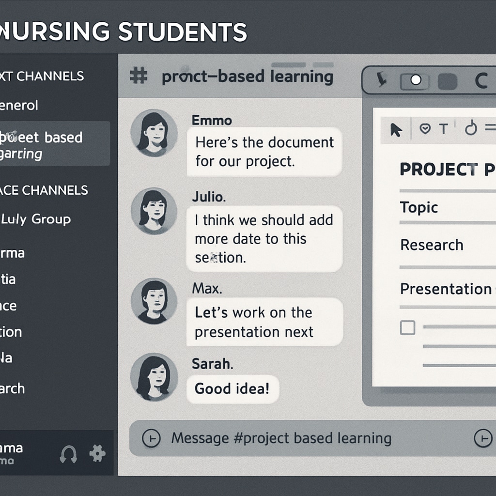 An active Discord server interface with nursing students collaborating on project-based learning in real time. Nursing students collaborating in real time through an active Discord server.