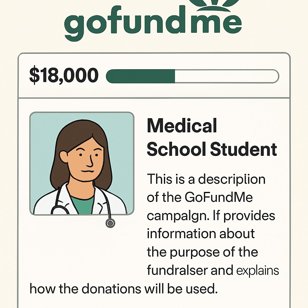A screenshot of a GoFundMe campaign page for a medical school student, showing the donation tracker and campaign narrative. Crowdfunding campaign for medical school tuition challenges on GoFundMe.