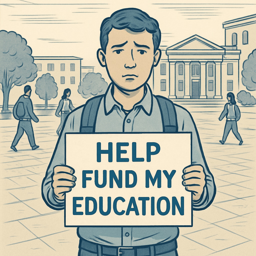 A student holding a sign reading Student crowdfunding for tuition due to financial hardship.