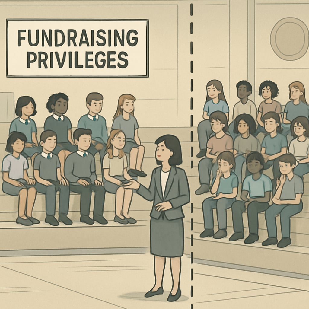Students in a school event, with segregated seating areas based on fundraising privileges, illustrating disparity. Students in exclusive seating due to fundraiser privilege, showing inequality.