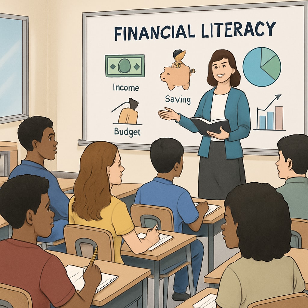 A diverse group of students attending a financial literacy workshop in a high school classroom. High school students learning financial literacy to avoid future tuition crises.