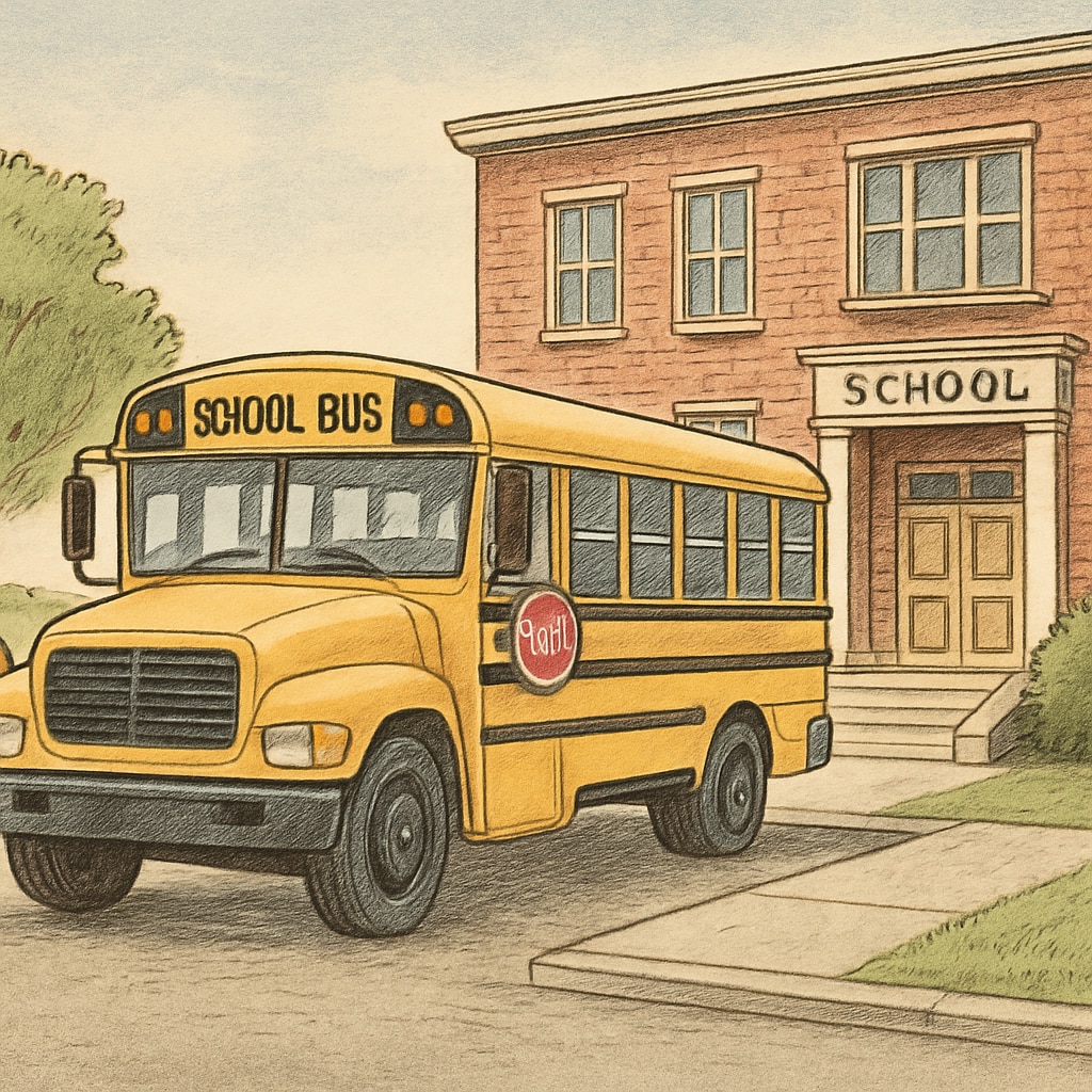 A school bus parked near an educational institution, symbolizing transportation as an example of pass-through fund usage. School bus near an educational facility, representing pass-through fund practices.