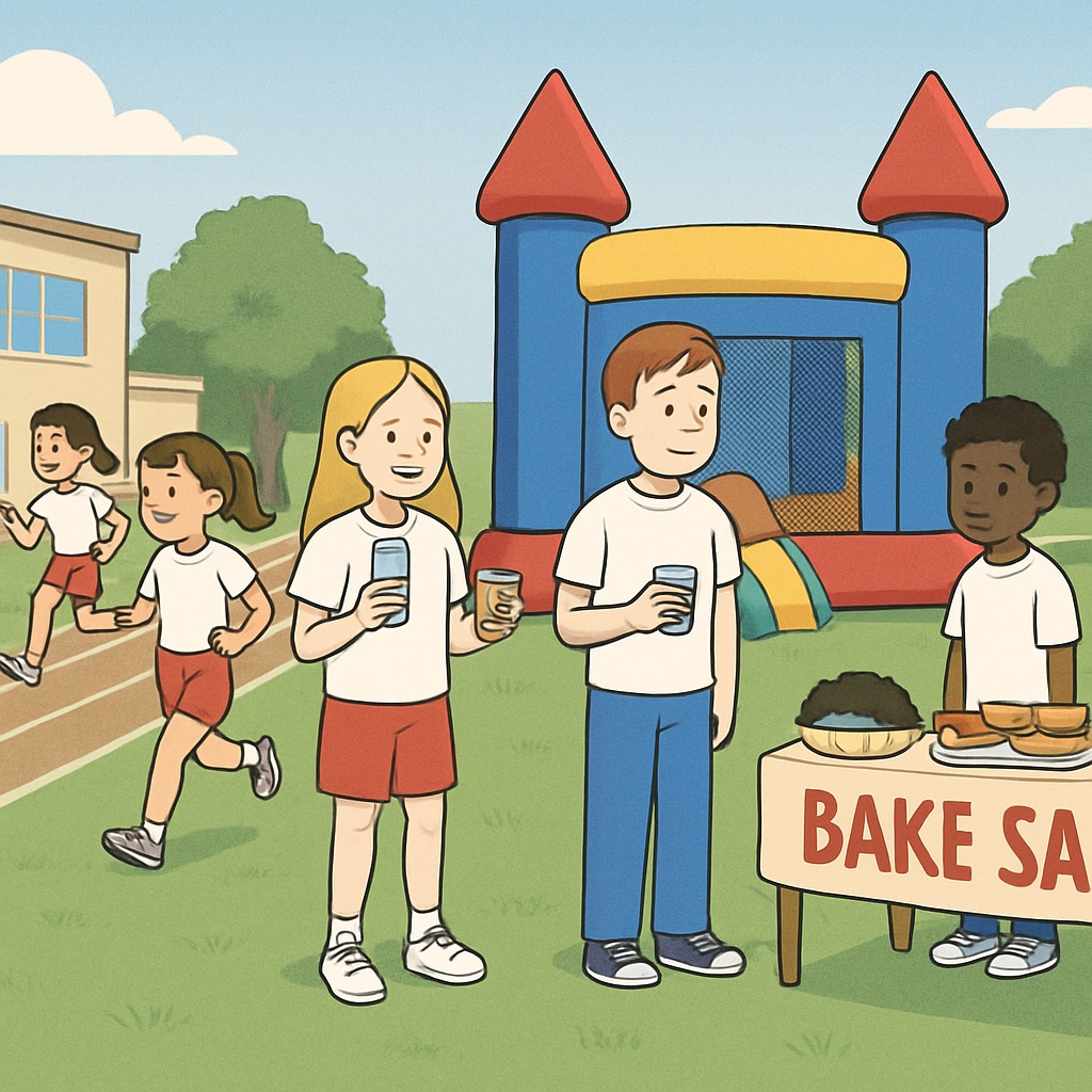 A group of students at a school event, with visible unequal access to activities, showing the effects of privilege-based fundraising. Students with unequal access to activities at a school event due to fundraiser privileges.