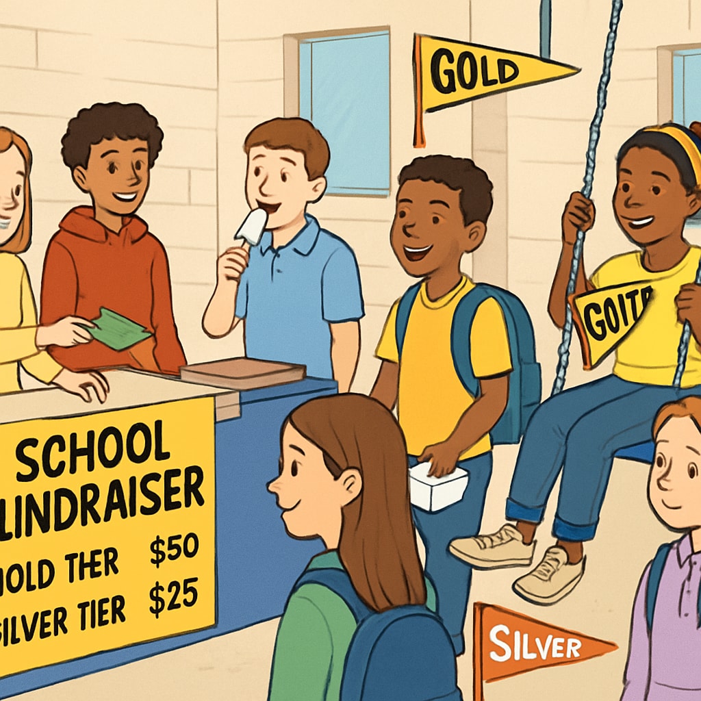 A group of students participating in a school fundraiser event, some visibly privileged with access to exclusive benefits due to donation tiers. Students in a school fundraiser showing visible privilege disparities due to donation tiers.