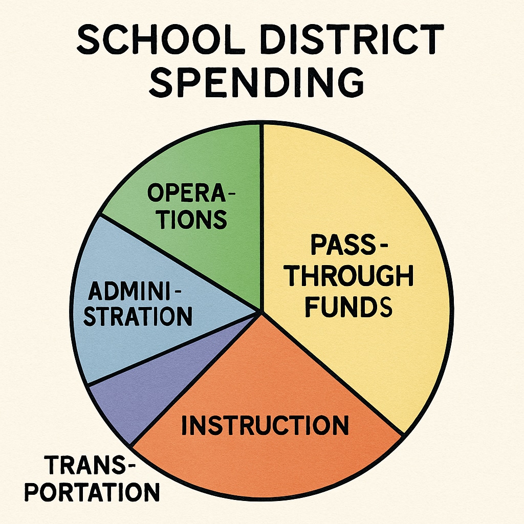 A pie chart displaying a breakdown of school district spending, with a significant portion labeled as pass-through funds. Pie chart illustrating school district spending, highlighting pass-through funds.