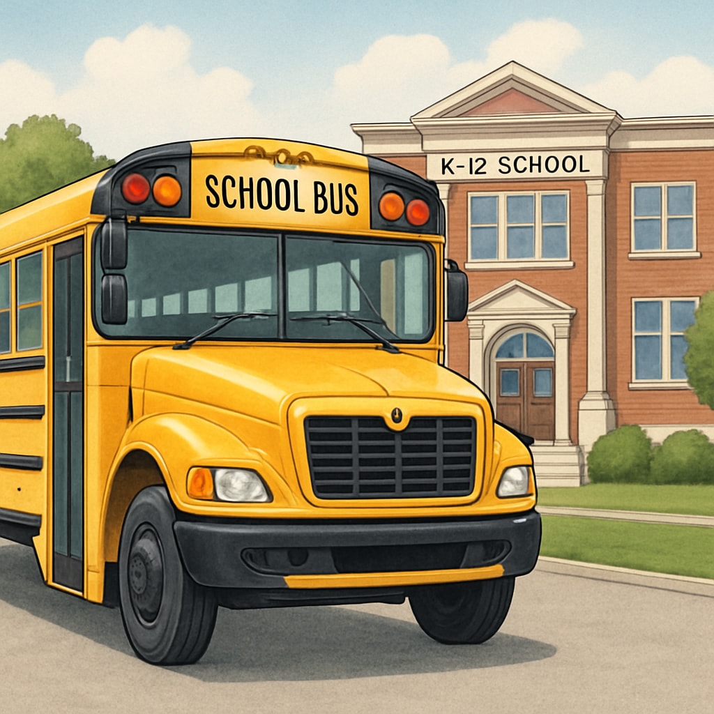 School bus parked at K-12 school, illustrating transportation expenses funded by pass-through grants.