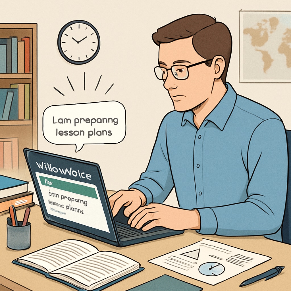 A teacher using WillowVoice speech-to-text software on a laptop while preparing lesson plans. Teacher using WillowVoice for lesson planning to improve administrative efficiency.