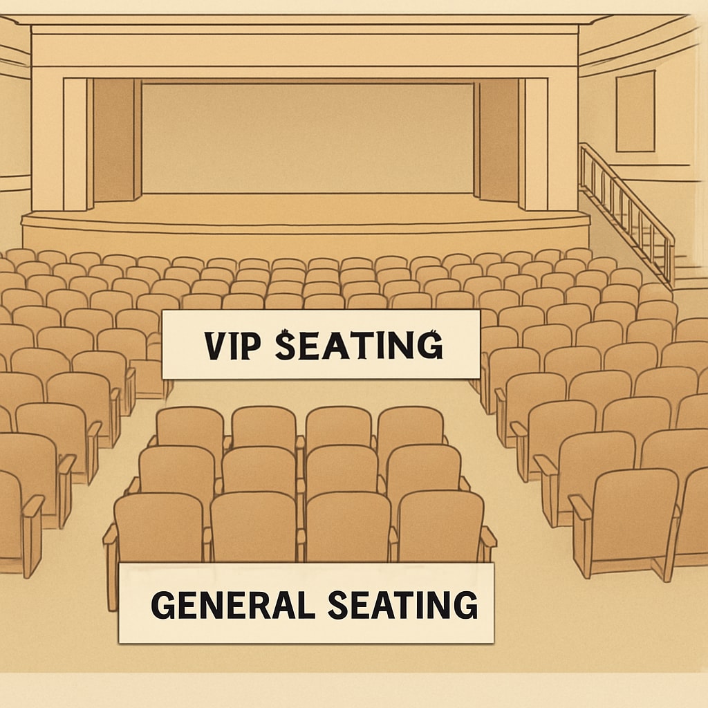 An auditorium with a noticeable distinction between reserved VIP seating for top donors and general seating for other attendees. School auditorium seating divided between VIP donors and general attendees.