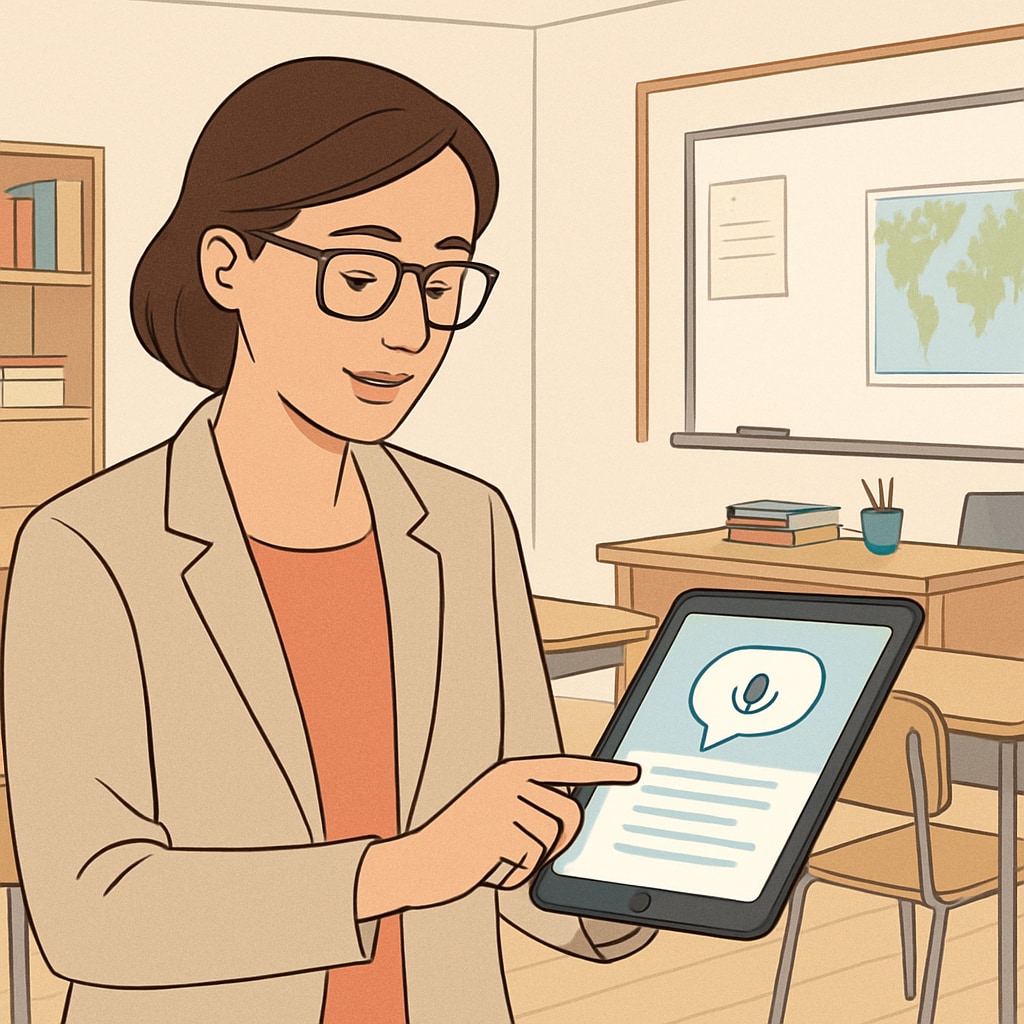 A teacher using a speech-to-text app on a tablet to plan lessons in a modern classroom. A teacher using speech-to-text technology for lesson planning in a K12 classroom.