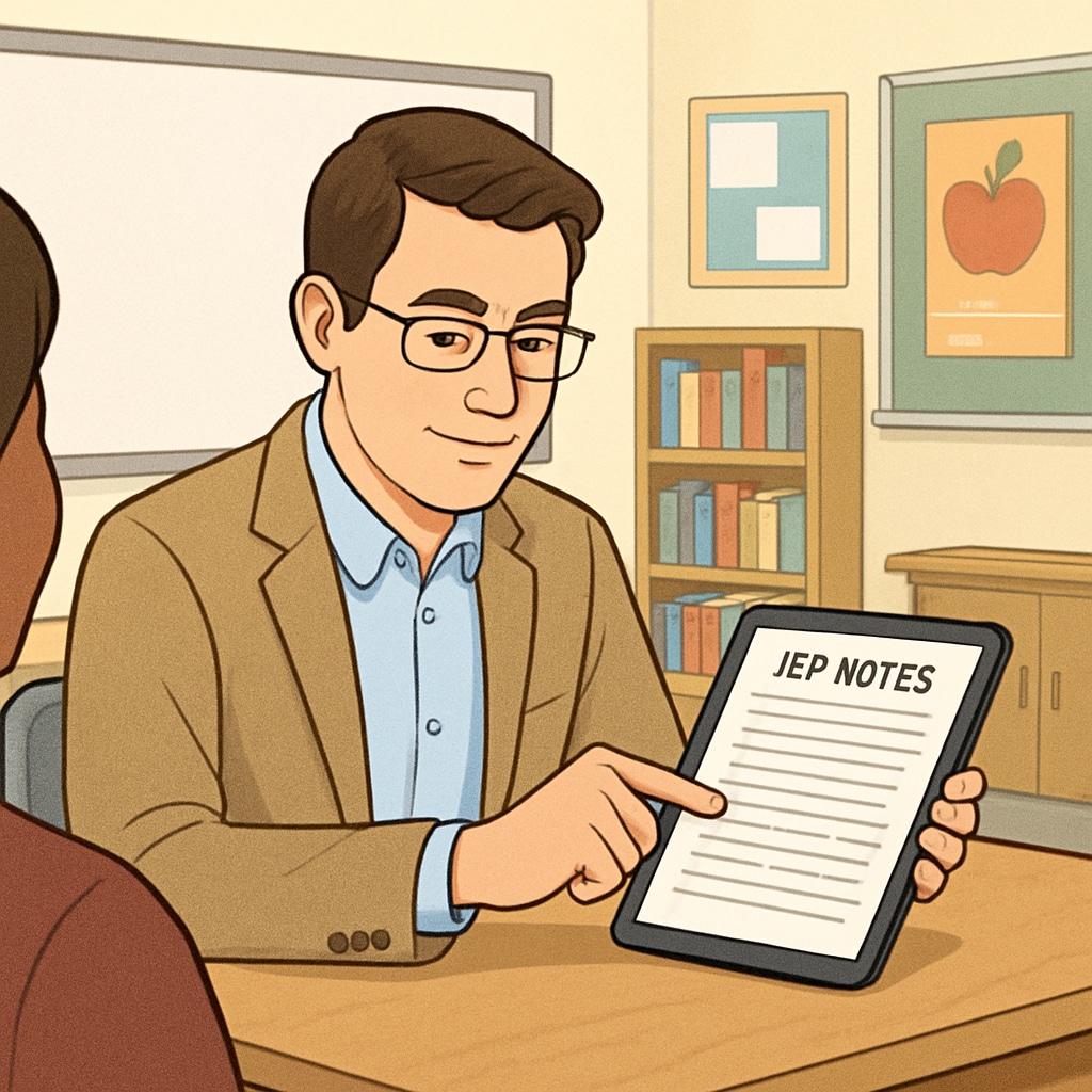 A teacher reviewing transcribed IEP notes on a tablet during a parent-teacher meeting. Teacher reviewing IEP documentation transcribed by WillowVoice to streamline communication.