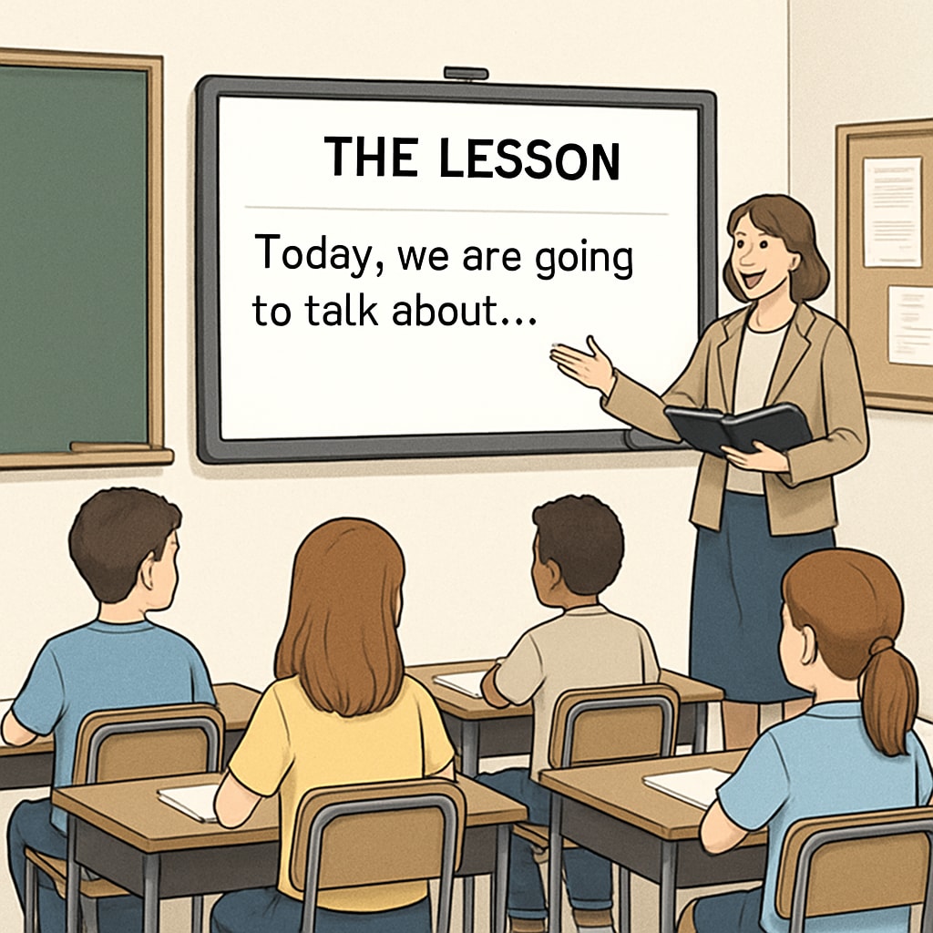 A classroom setting where real-time transcription is displayed on a smartboard, helping students engage with the lesson. Real-time speech-to-text transcription displayed on a smartboard in a classroom.