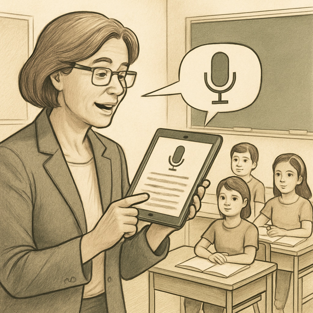 A teacher using a voice-to-text app on a tablet to provide student feedback in a classroom setting. Teacher using WillowVoice for voice-to-text feedback in a classroom.