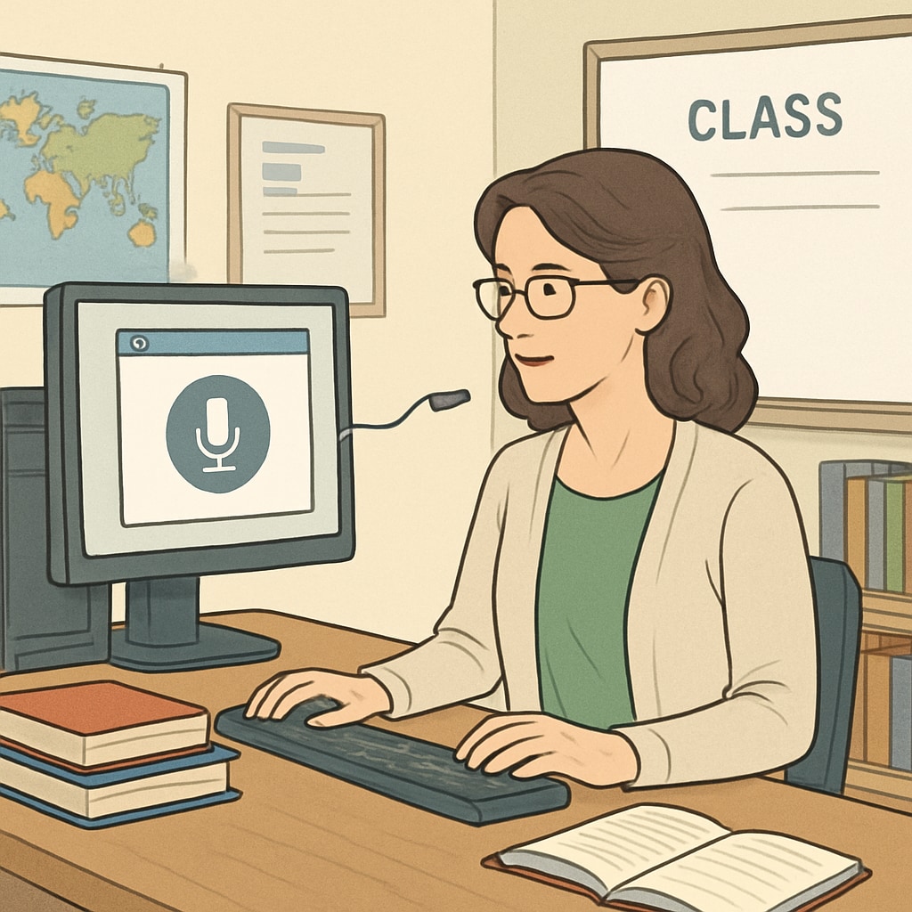 A teacher using speech recognition software to manage administrative tasks in a classroom setting. Teacher using speech recognition software to streamline workflows and save time.