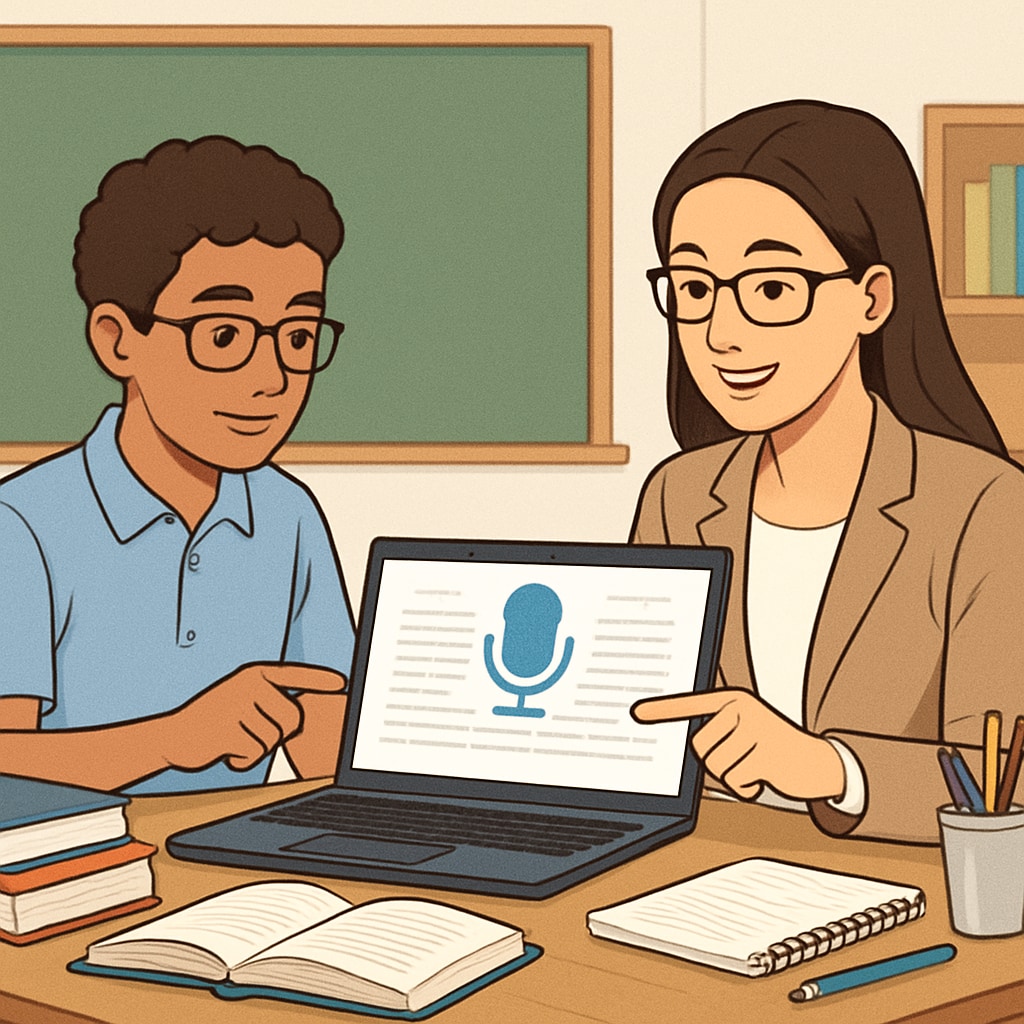 A student and teacher reviewing a voice-to-text-generated report on a laptop, showcasing the efficiency of digital tools in education. Student and teacher using WillowVoice-generated report for collaborative learning.