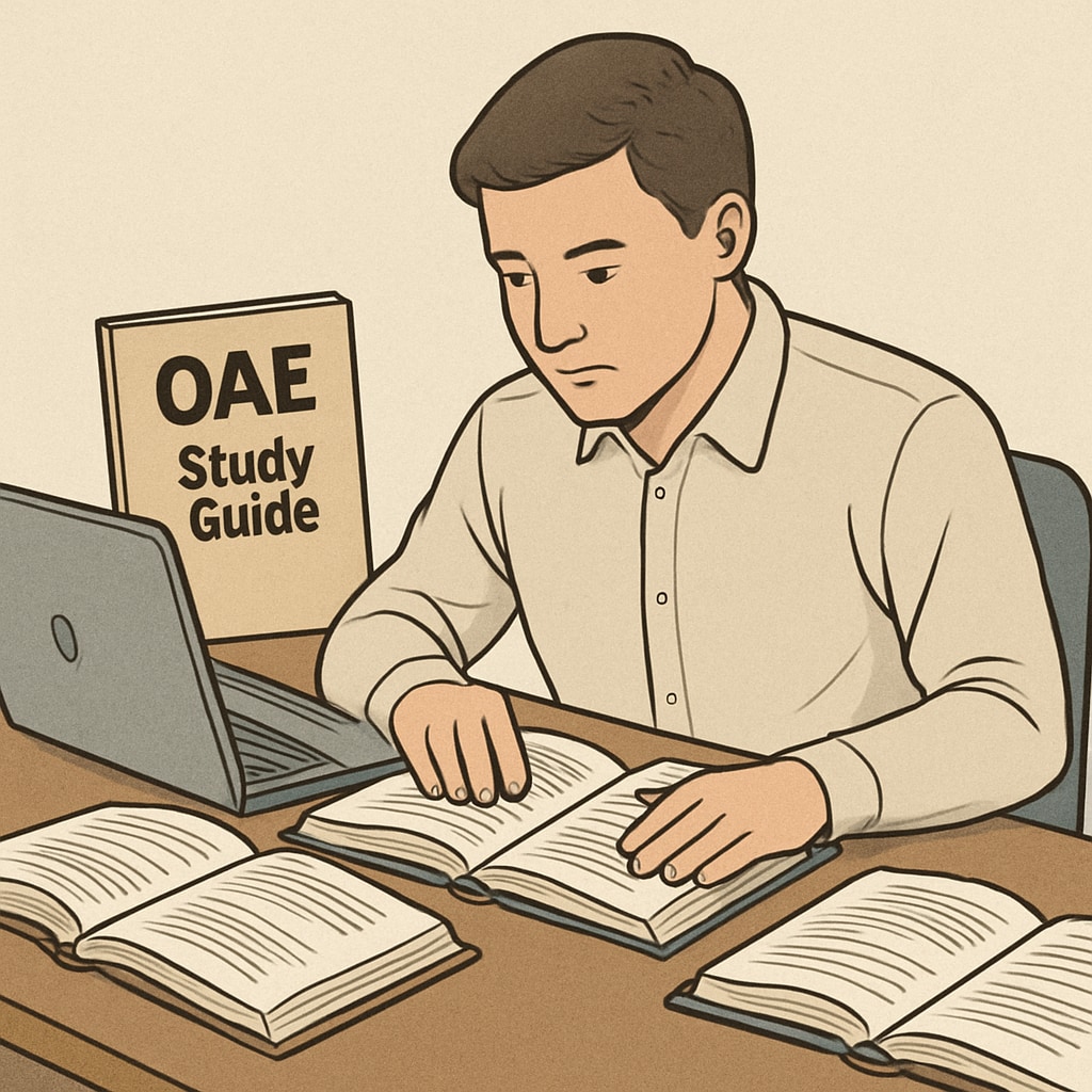 A candidate reviewing OAE study materials at a desk with a laptop and books. OAE study materials and preparation tools on a desk.