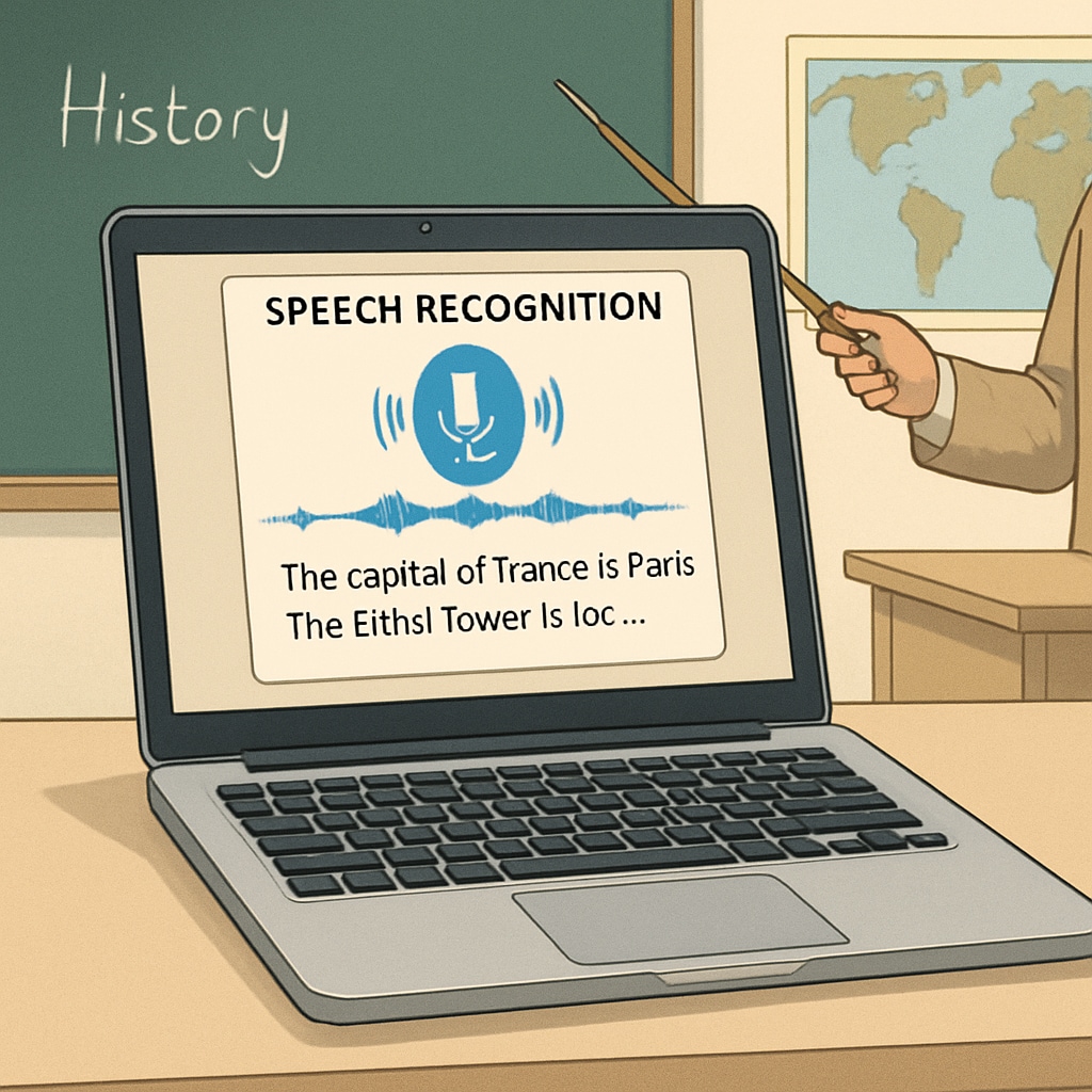 A close-up of a laptop screen showing speech recognition software transcribing a teacher’s voice into text. Speech recognition software transcribing voice into text for teacher productivity.