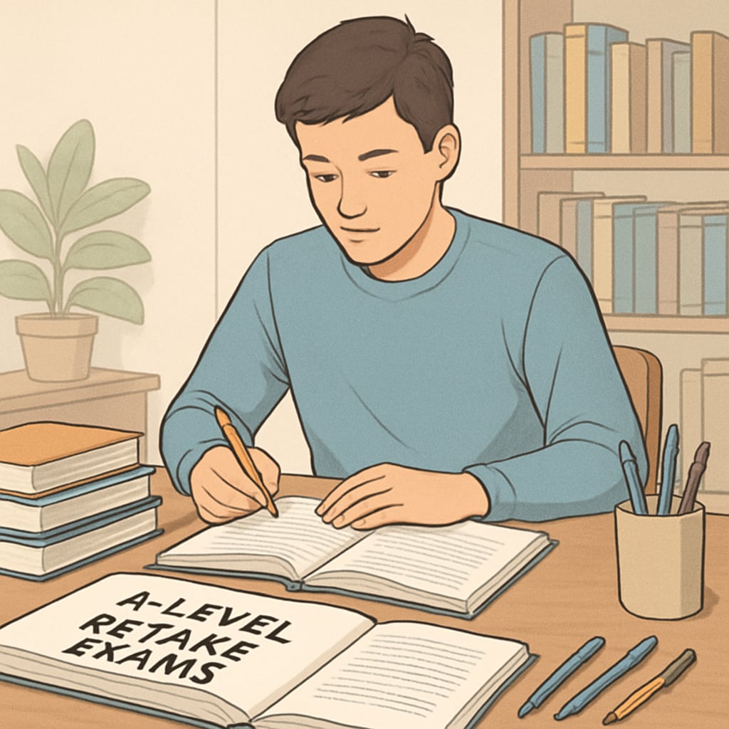 A student reviewing study materials for A-level retake exams, symbolizing a fresh start. Student preparing for A-level retake exams as a second chance.