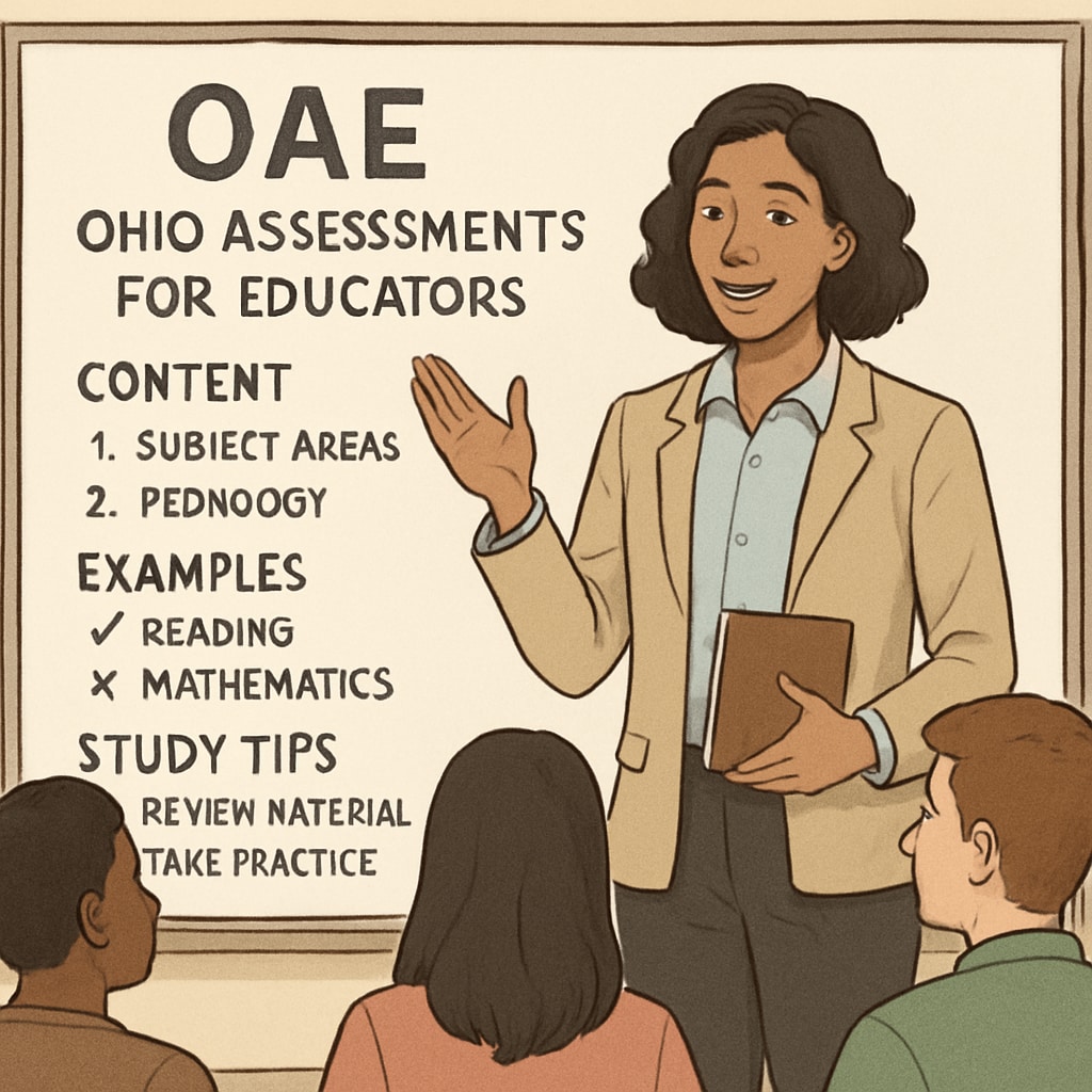 An educator leading a study group with OAE test materials on a whiteboard. Group study session for OAE preparation with teaching aids.