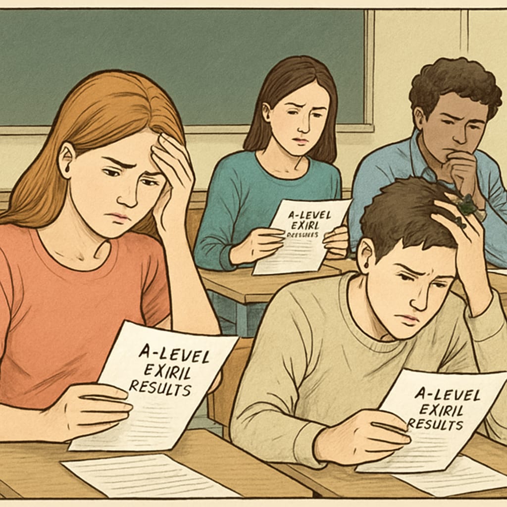 A group of stressed students reviewing their A-Level exam results in a classroom setting. Students discussing A-Level exam results and exploring education pathways.