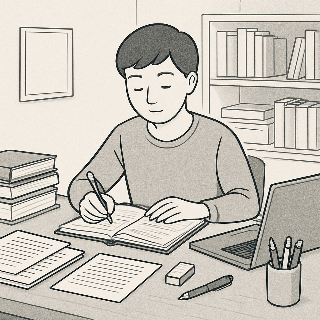 A calming study environment with a person reviewing notes and a laptop open, symbolizing focused preparation for an exam. Study environment for OAE exam preparation with notes and laptop
