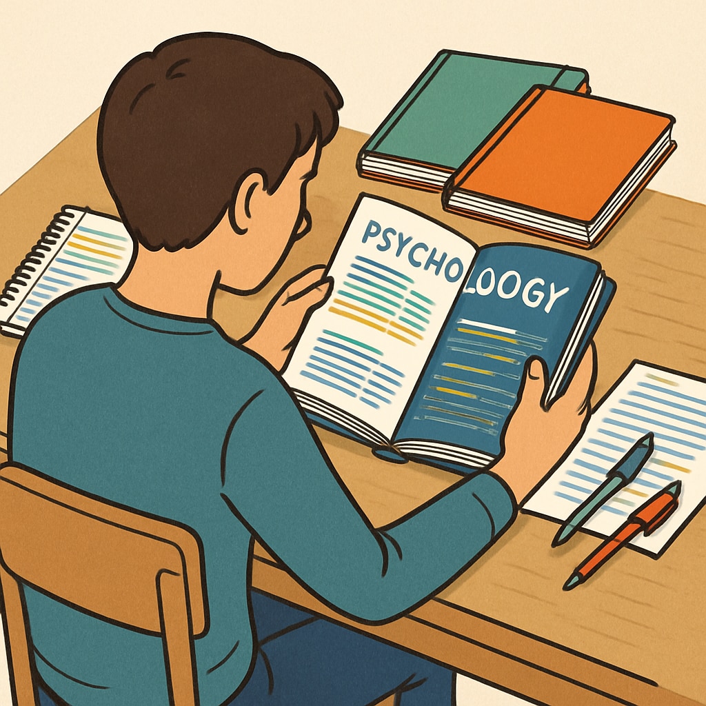 A student reading a psychology book with notes and highlights, symbolizing self-learning. Student exploring psychology through self-learning resources.