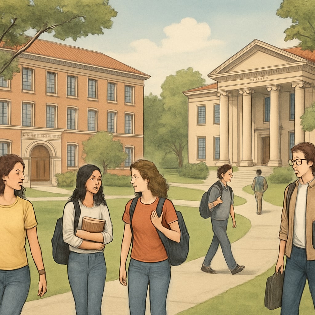 A university campus with students walking near lecture halls, representing potential academic paths. Students exploring university options and career opportunities.
