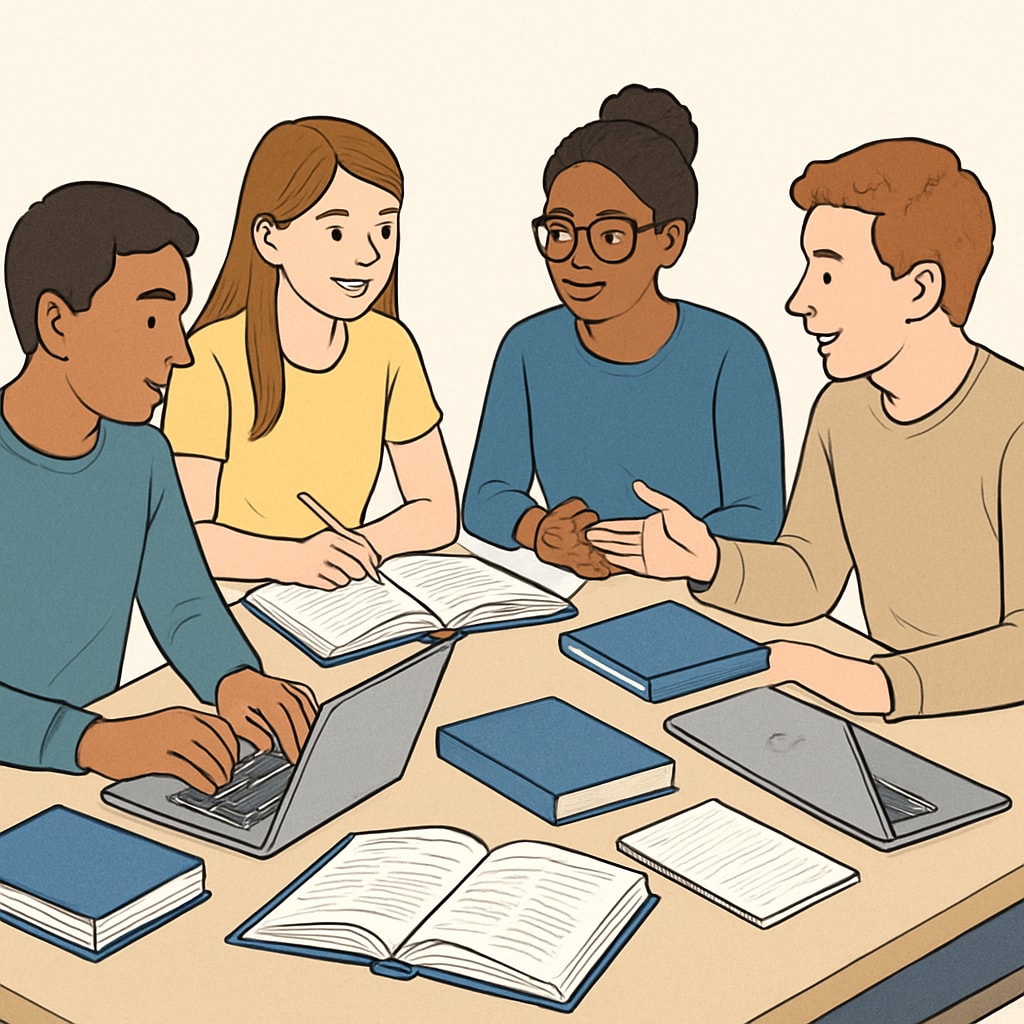 A group of students collaborating in a study group, with textbooks and laptops spread out on the table. Students in a study group preparing for the OAE exam