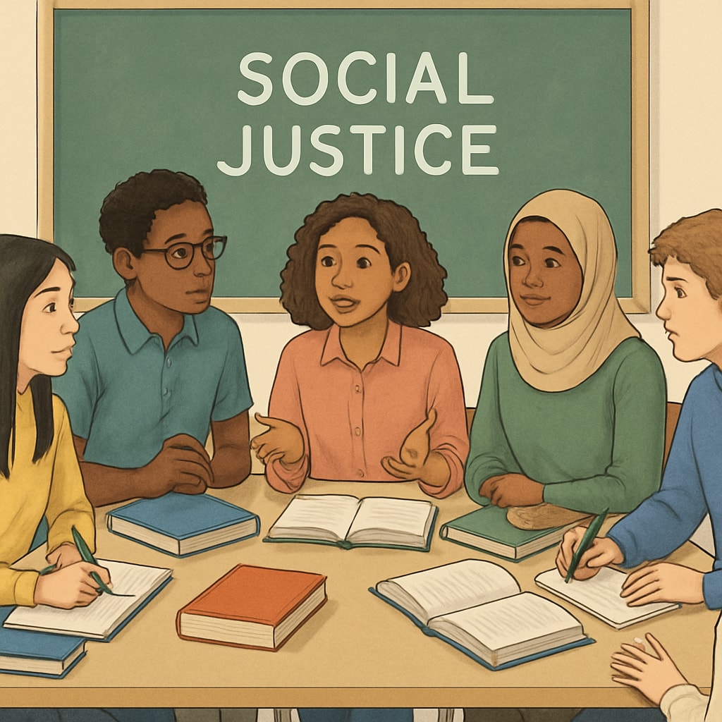 A diverse group of students engaged in a classroom discussion on social justice topics. Students discussing wokeness in schools and its impact on inclusivity.