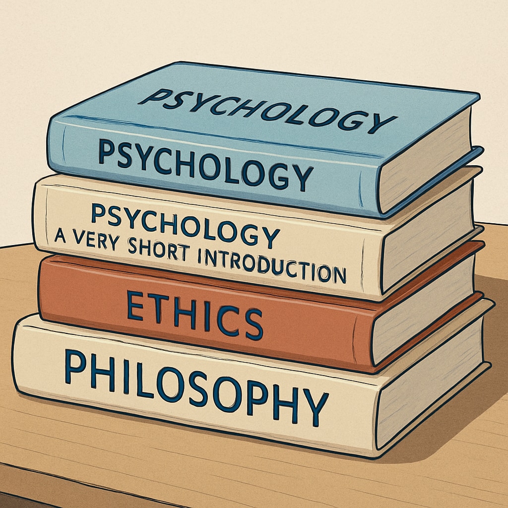 A collection of beginner-friendly books on psychology and philosophy stacked neatly on a desk. Beginner-friendly books for self-learning psychology and philosophy.