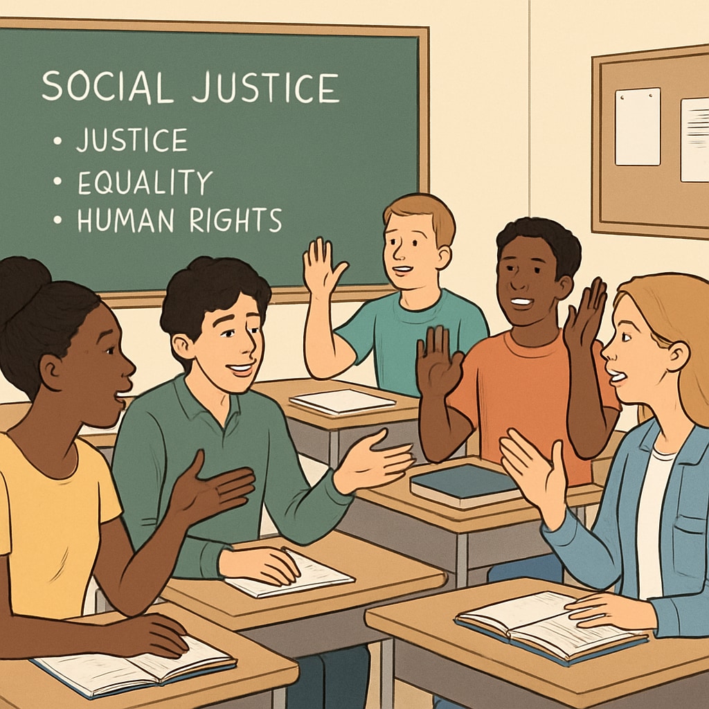 Students engaged in a lively classroom discussion about social justice topics. Students discussing social justice topics in a classroom setting.