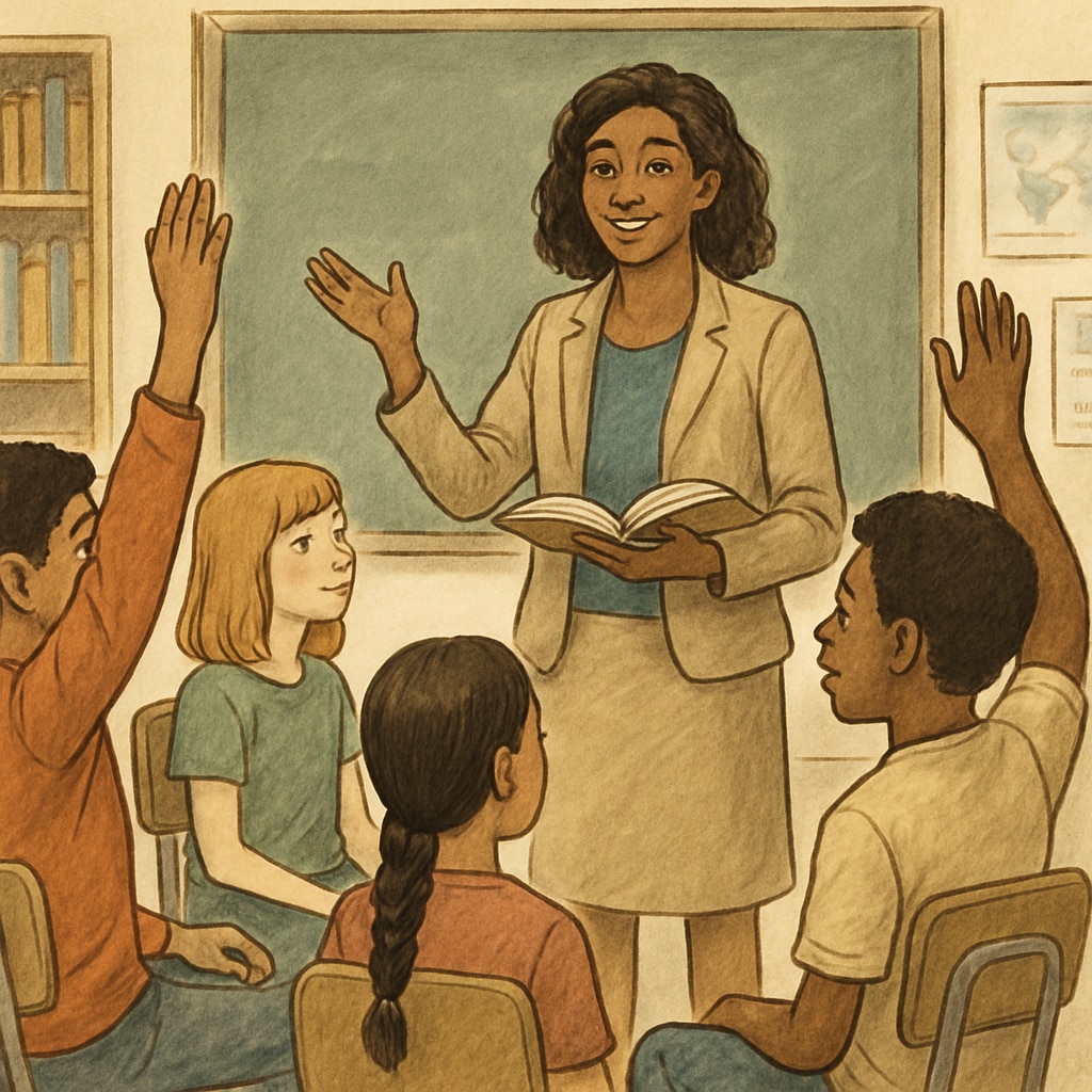 A teacher facilitating a class discussion, promoting inclusivity and balanced perspectives. Classroom discussion led by a teacher highlighting balanced educational approaches.