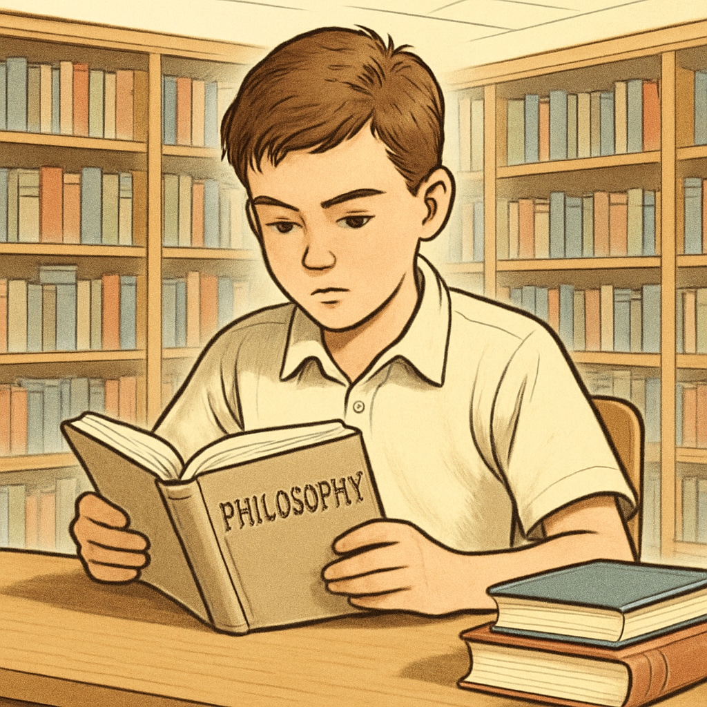 A young student reading a philosophy book in a school library, symbolizing curiosity and learning. A student exploring psychology and philosophy resources in a library setting.