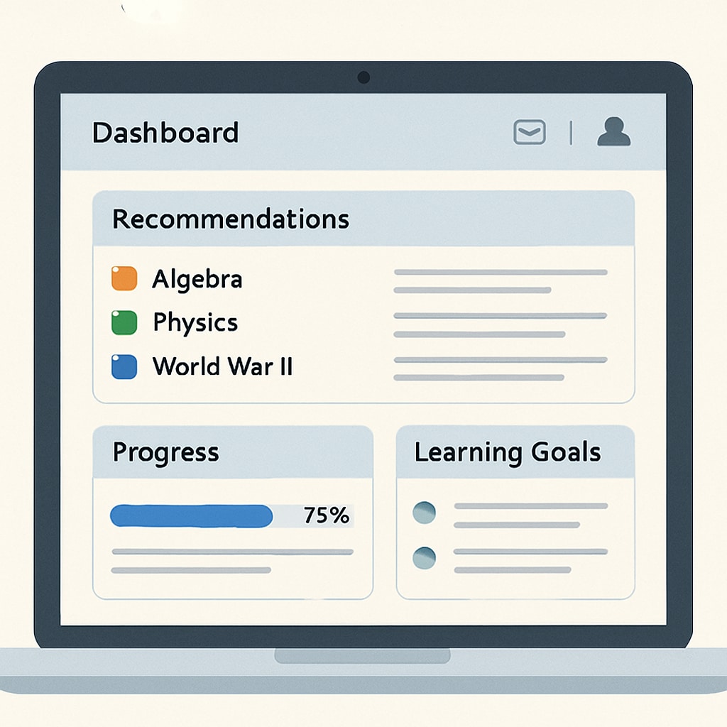 An AI-powered personalized learning platform showing a student dashboard with recommendations. AI-driven personalized learning platform for school education.