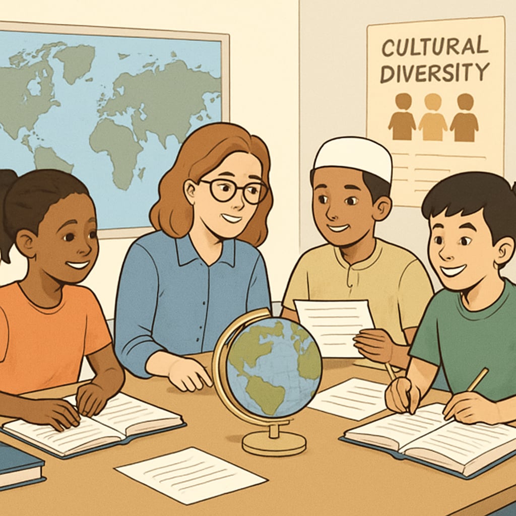 A diverse group of students collaborating on a project about cultural diversity. A group of students working on a cultural diversity project.
