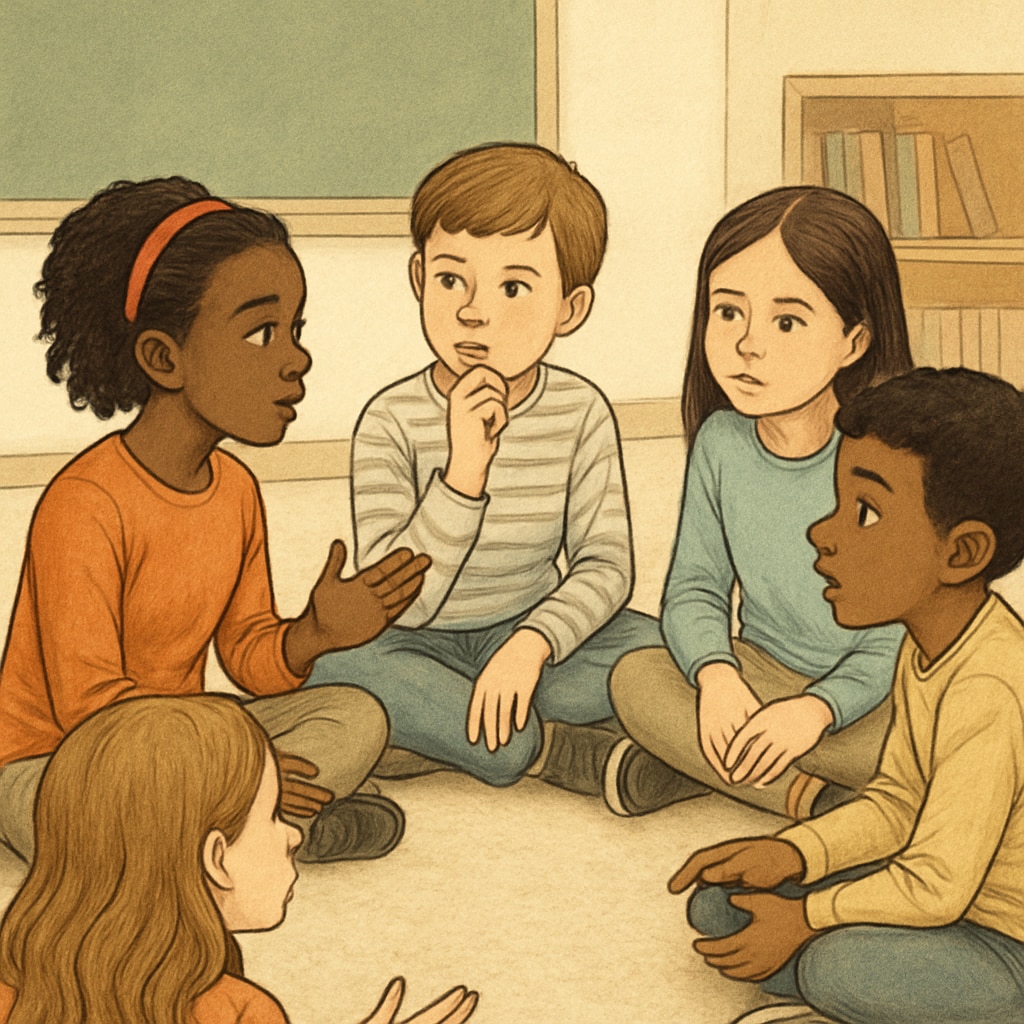 A diverse group of children engaging in a philosophy discussion circle, promoting inclusivity and critical thinking. Children discussing philosophical and psychological concepts in a group activity.