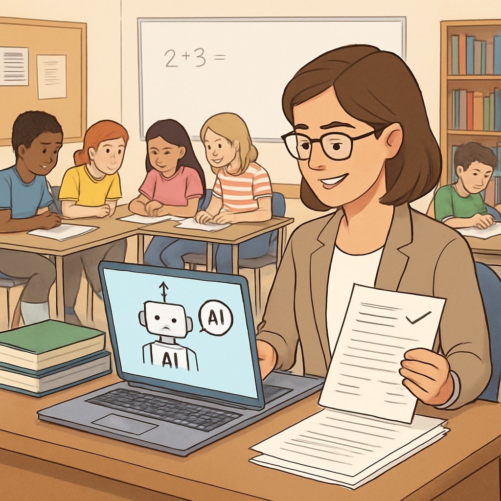 A teacher using an AI-driven tool for grading assignments on a laptop while students work on a group project. Teacher using AI-based grading tools in the classroom.