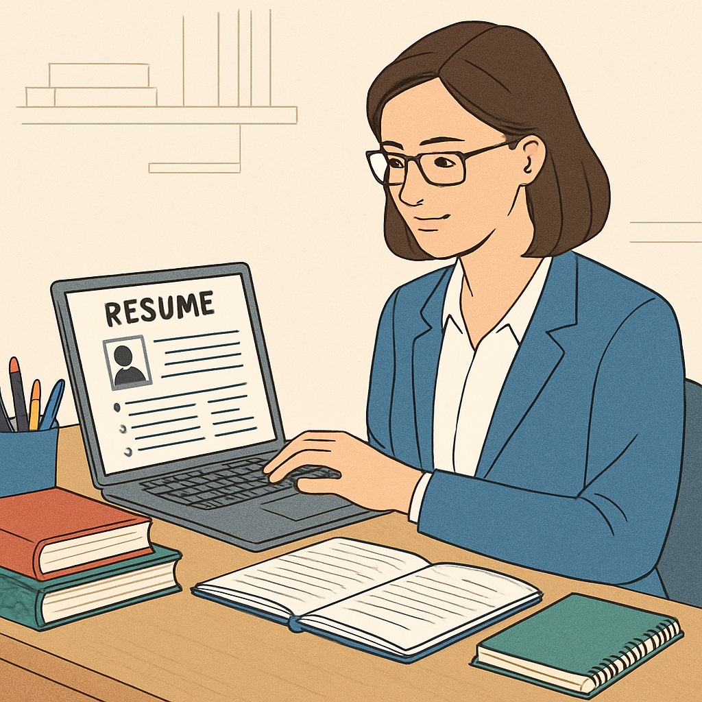 A professional educator reviewing their resume with a laptop and educational resources on a desk. Educator reviewing their resume with tools for Canada K-12 education job application.