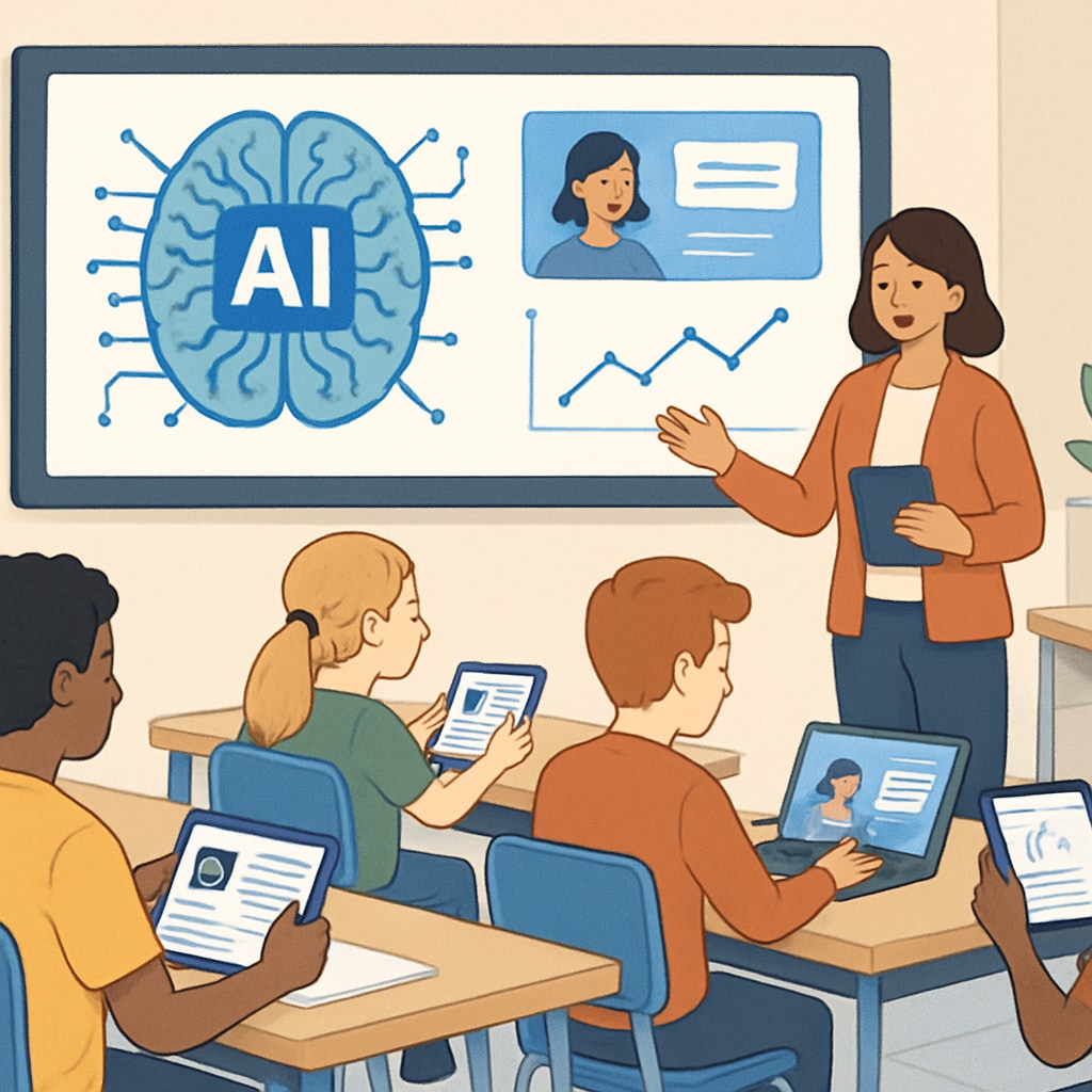 A modern classroom showcasing AI-driven technologies like smart boards, personalized learning tools, and engaged students interacting with devices. AI-powered smart classroom with students using adaptive learning devices.