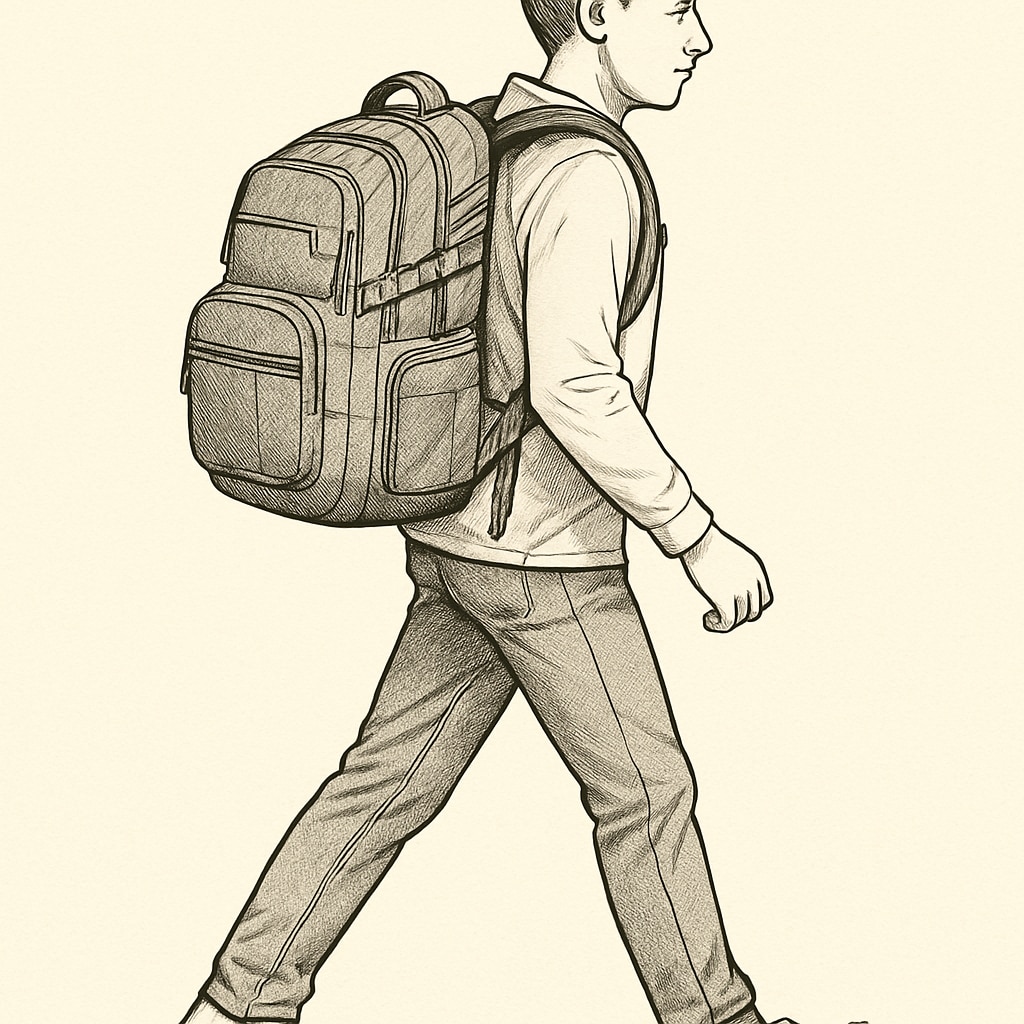 A modern college student walking with a stylish, ergonomic backpack designed for heavy loads. The backpack features multiple compartments and padded straps. A modern backpack for college students, designed for affordability and practicality.