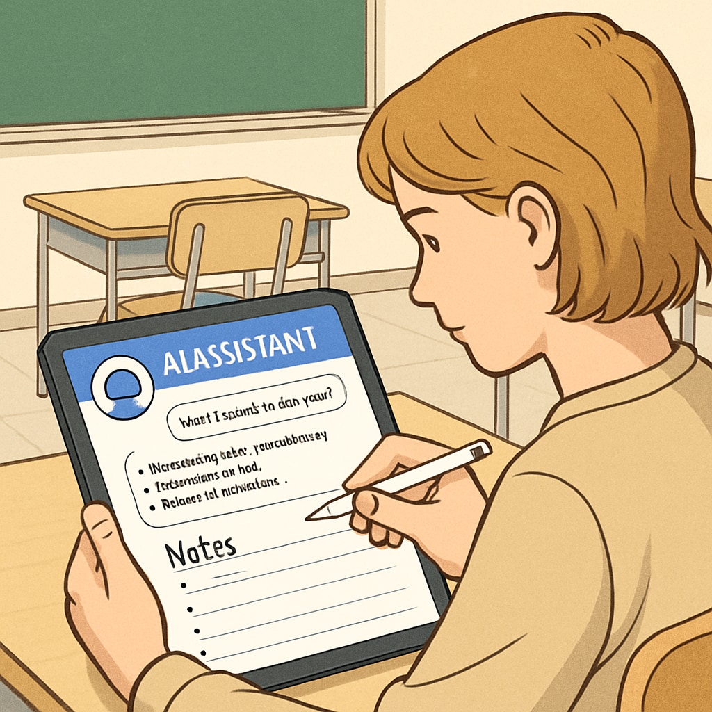 A student taking notes on a tablet with an AI assistant displayed on the screen. This image highlights the integration of AI tools in modern education systems. A student using AI tools during a competitive exam preparation.