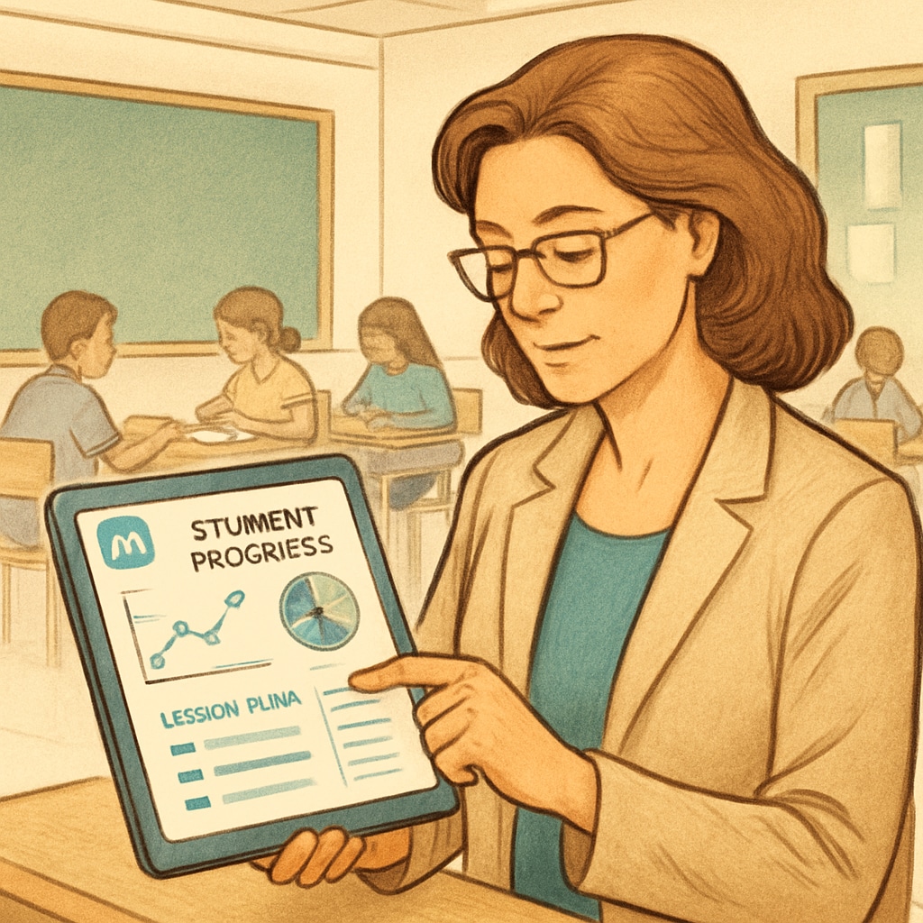 A teacher analyzing student progress on a tablet powered by AI analytics, adjusting lesson plans to meet individual needs. Teacher using AI analytics to customize lesson plans based on student performance.