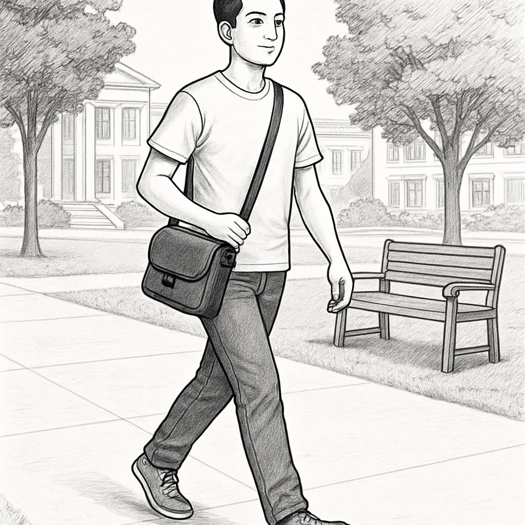 A college student carrying a sleek shoulder bag, walking confidently on campus. The bag is compact and suitable for light loads. A practical and stylish shoulder bag for college students, ideal for quick access.