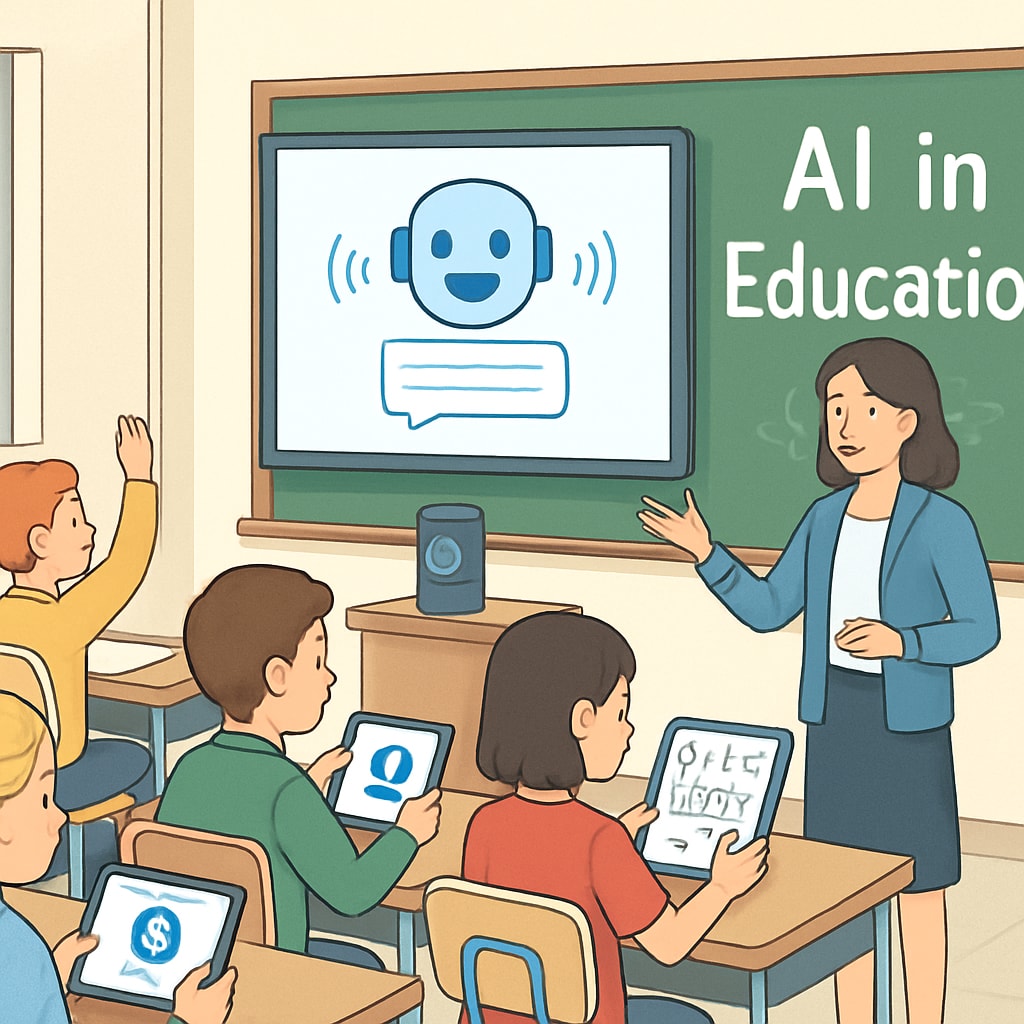 A conceptual illustration of AI disrupting traditional education, showing students learning with AI-powered tools in a classroom. AI disrupting traditional education and reshaping learning models in classrooms.