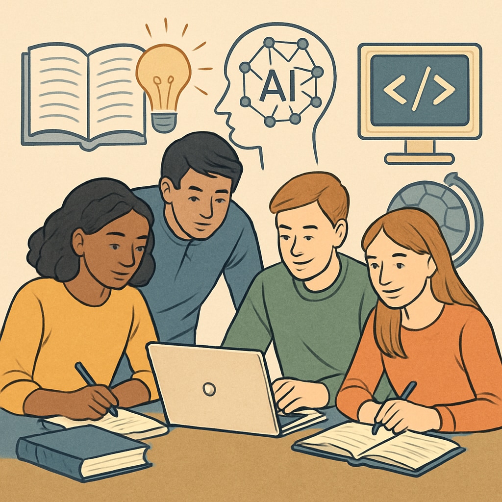 A group of students collaborating on a project with AI tools in the background. This image emphasizes the role of teamwork and technology in reimagined education systems. Students using AI tools for collaborative learning and problem-solving.