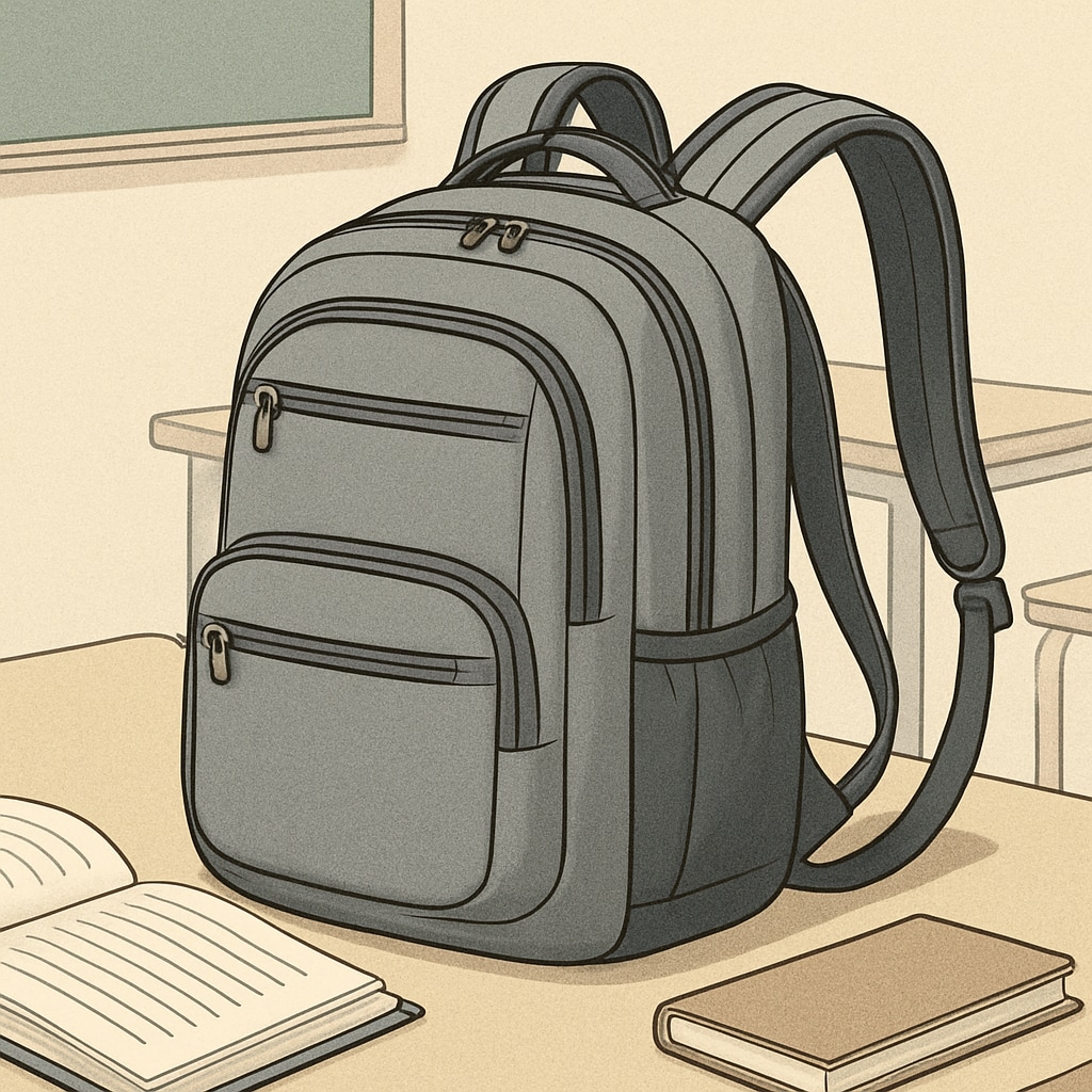 A modern, affordable college backpack with multiple compartments and padded straps, photographed on a desk. Affordable college backpack with compartments and padded straps