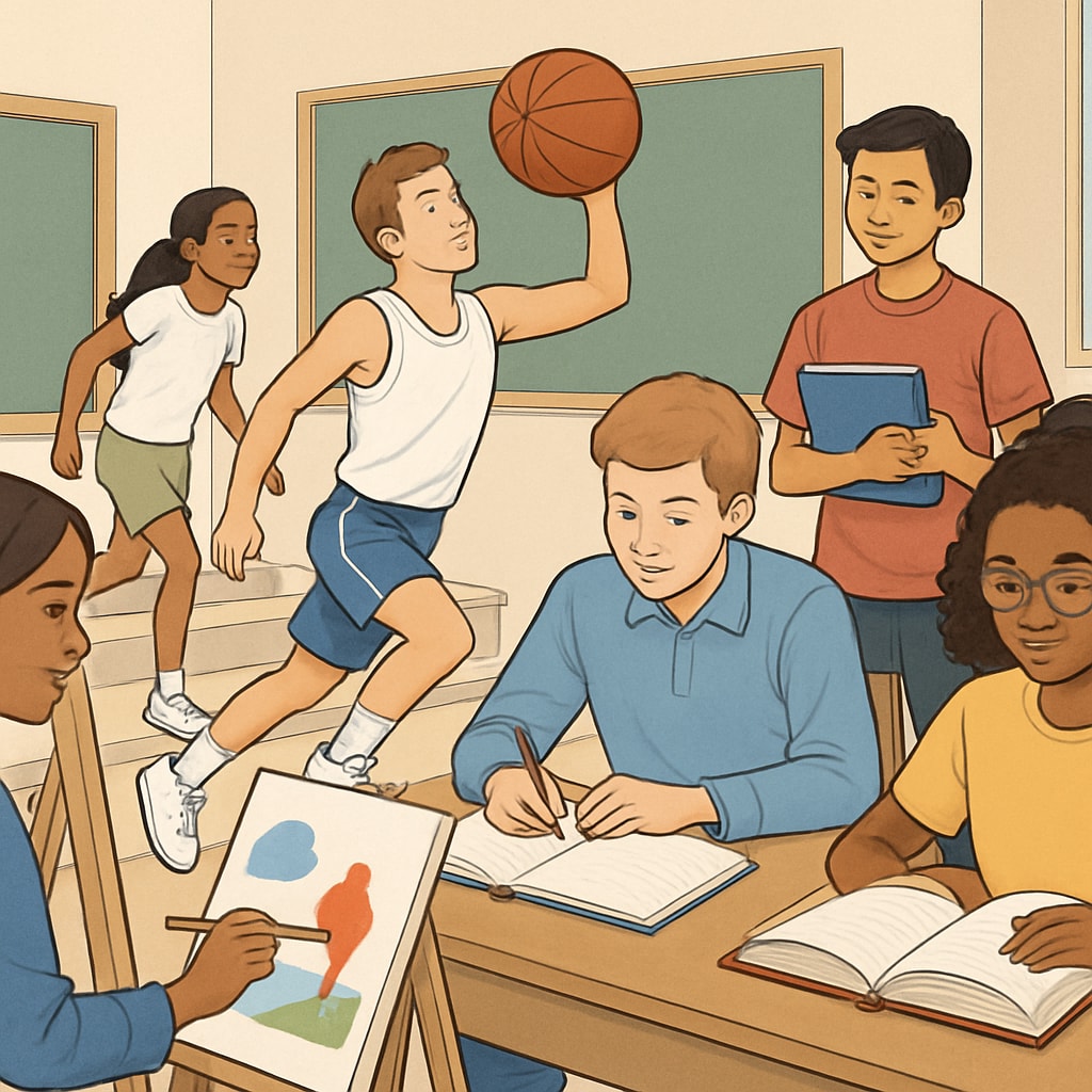 A diverse group of students showcasing their talents in art, sports, and academics, symbolizing multidimensional assessment. Multidimensional talent recognition through diverse student activities in arts, sports, and academics.