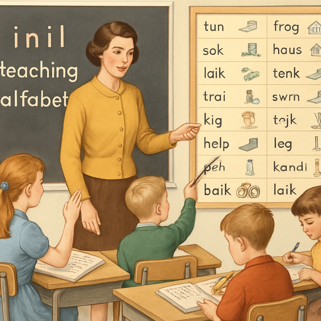 A vintage classroom setting showing children learning with the Initial Teaching Alphabet, highlighting the experimental nature of the ITA method. Students using the Initial Teaching Alphabet in a 1970s classroom.