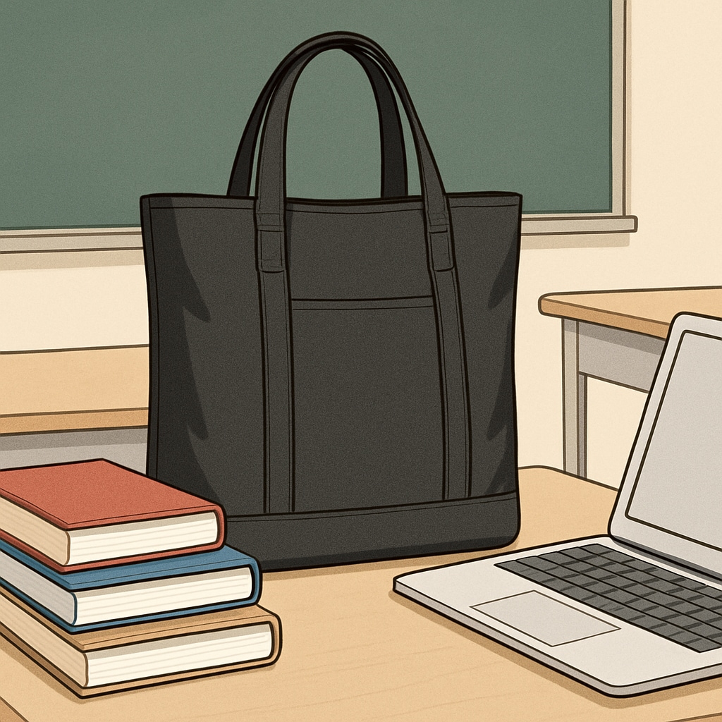 A sleek tote bag, designed for college students, placed on a classroom table with books and a laptop. Stylish tote bag for college students with room for books and a laptop